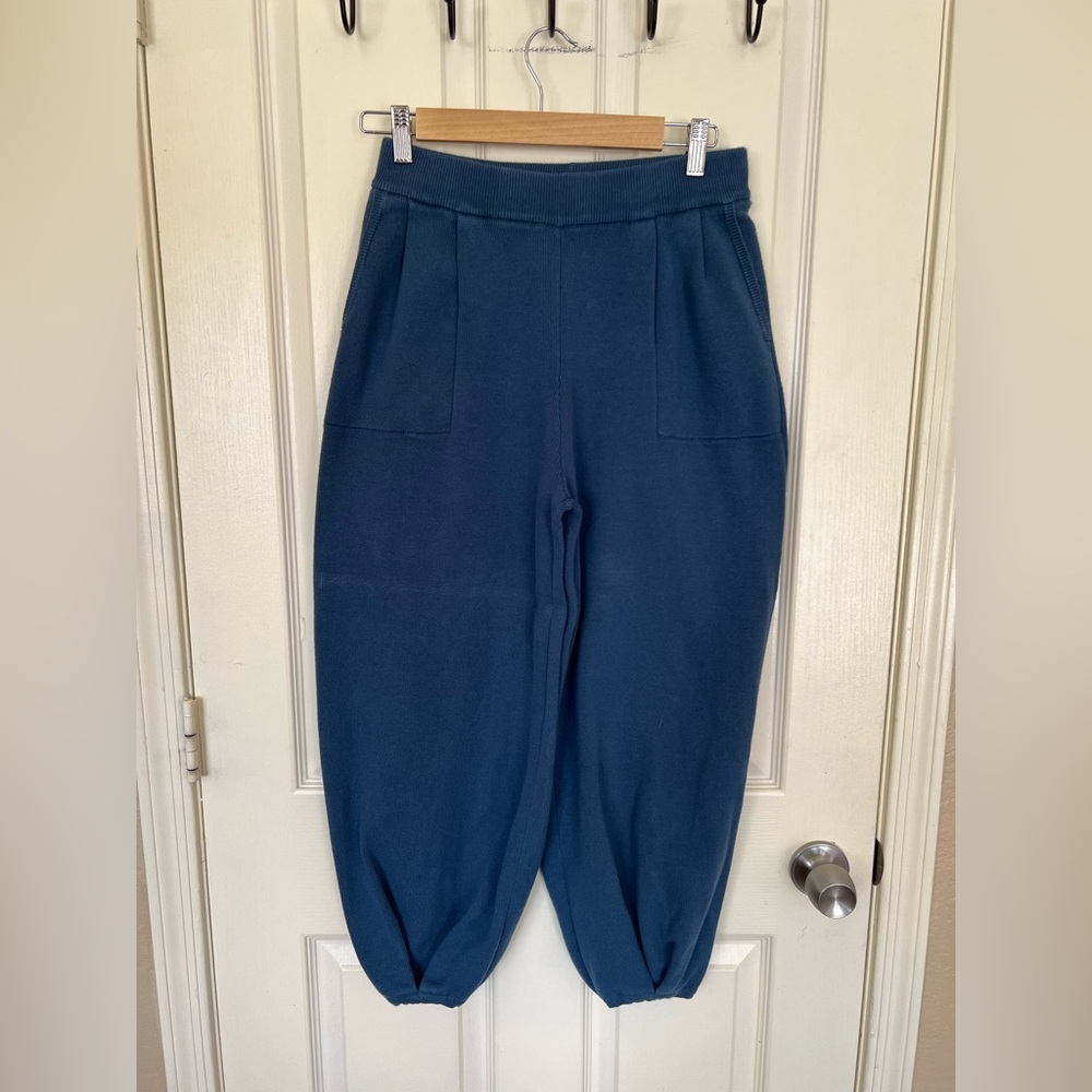 Women’s Teal Barrel Leg Pants L 100% Rayon Pull On Lantern Hem Pockets